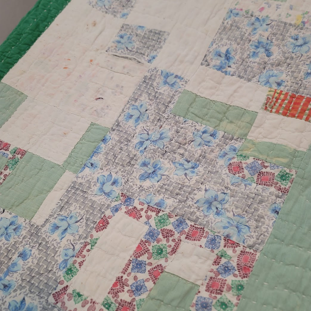 Handmade Quilt 72"x70" greens need repairs PATCHWORK FARMHOUSE cabin VINTAGE