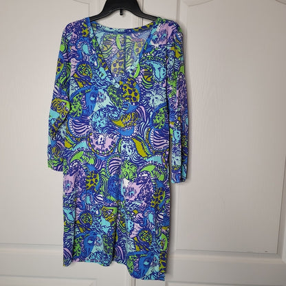 Lilly Pulitzer Christie Dress Cattitude Cat Blue Pima cotton Size XL VNeck 3/4