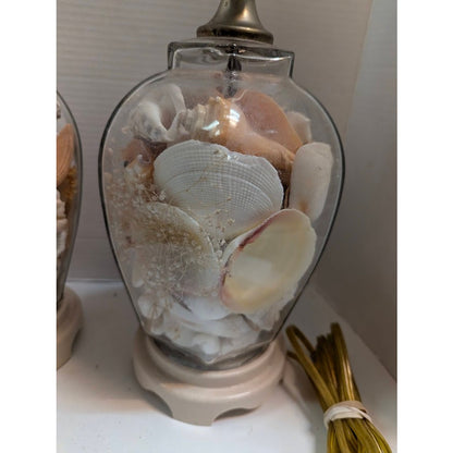 Pair Vintage Coastal Beach House Sea Shell Filled Glass Table Lamps Nautical