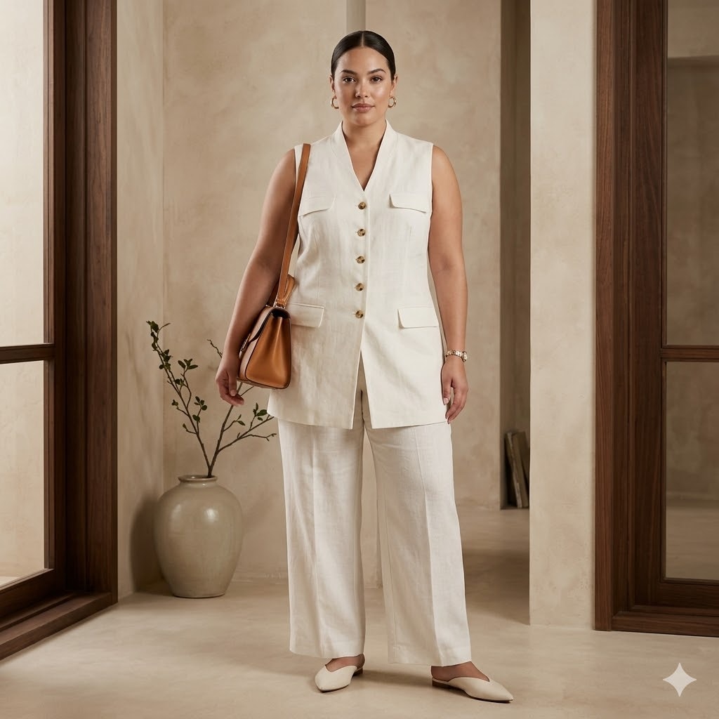 Plaza South White 100% Linen 2-Piece Vest Tunic and Pants Set NWT Size 18