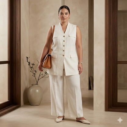 Plaza South White 100% Linen 2-Piece Vest Tunic and Pants Set NWT Size 18
