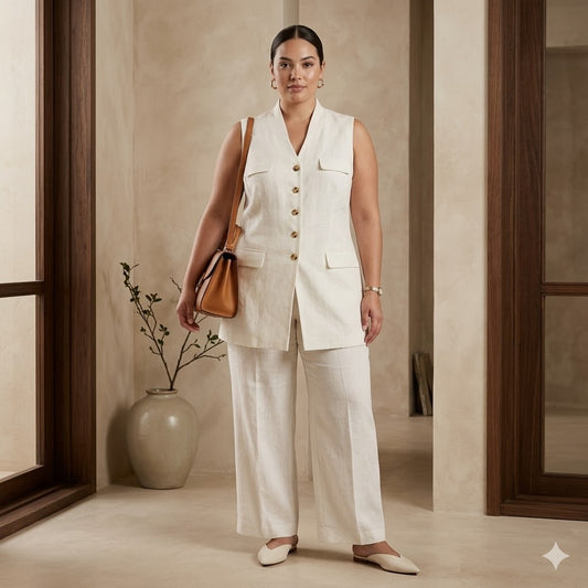 Plaza South White 100% Linen 2-Piece Vest Tunic and Pants Set NWT Size 18