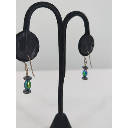 Vintage Iridescent Rainbow Beaded .925 Silver Dangle Earrings Boho Minimalist
