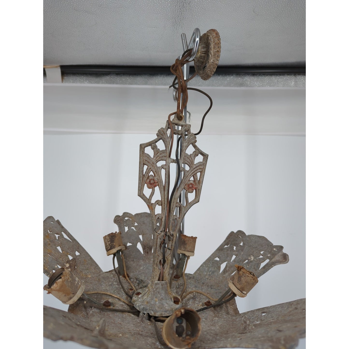 1930s Art Deco Slip Shade 5 Light Chandelier Fixture Restoration Cast Alumium