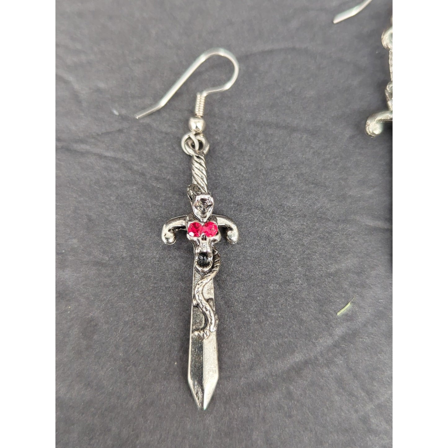 Vintage Sword Dangle Earrings Silver Tone Gemstone Gothic Pierced RenFaire Angel
