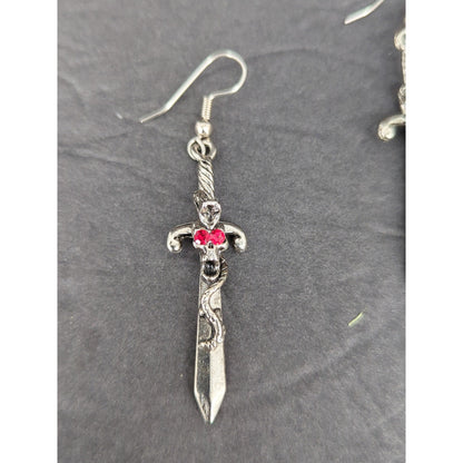 Vintage Sword Dangle Earrings Silver Tone Gemstone Gothic Pierced RenFaire Angel