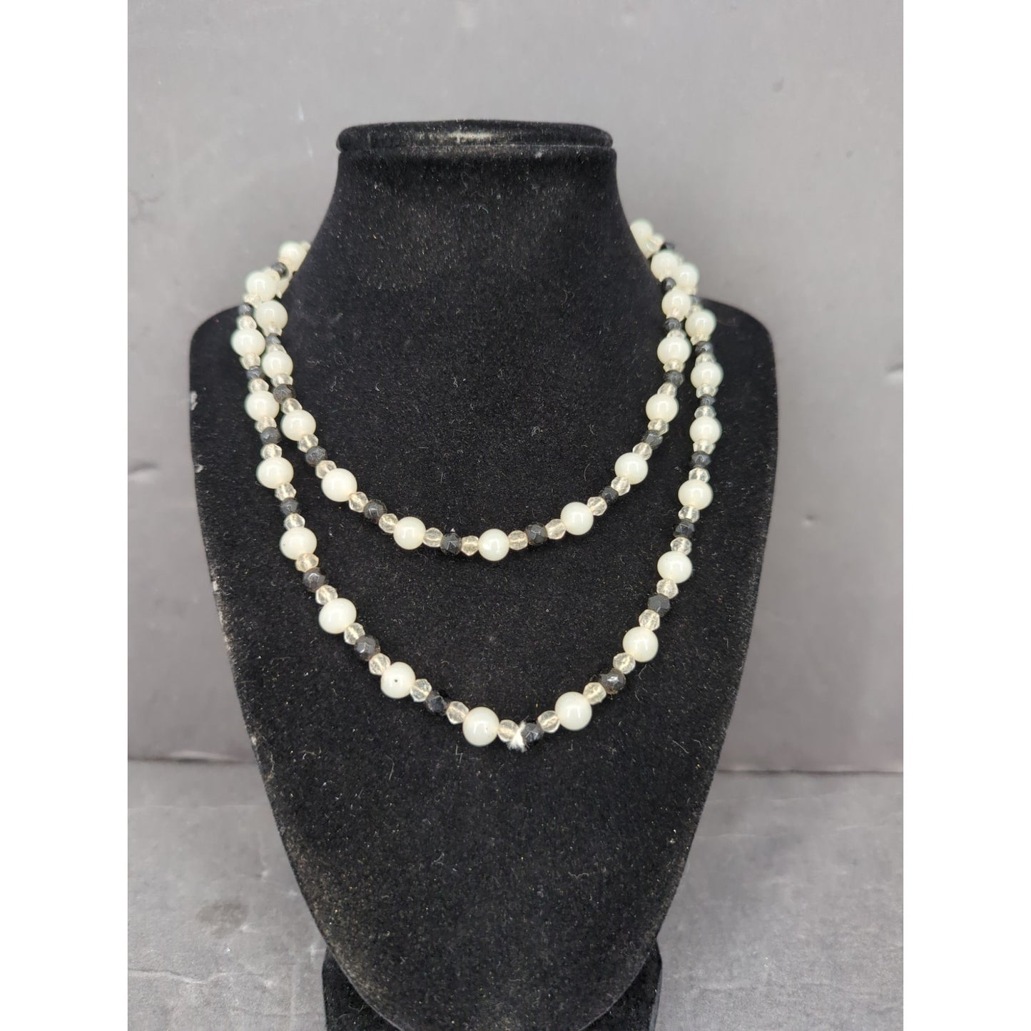 Vintage Double Strand Faux Pearl & Bead Layered Necklace Mid-Century Elegance