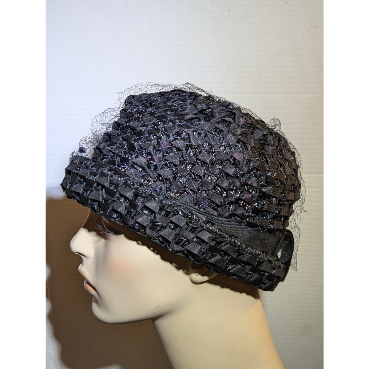 Vintage 50s Black Cellulose Woven Cloche Hat Veiled Mid-Century Mod MCM Bucket
