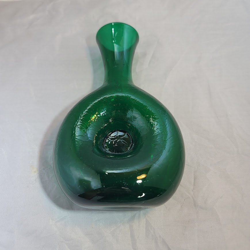 Vintage Blenko Green Pop Art Glass Donut Vase MCM Modern Hand Blown Pinch 7.3"