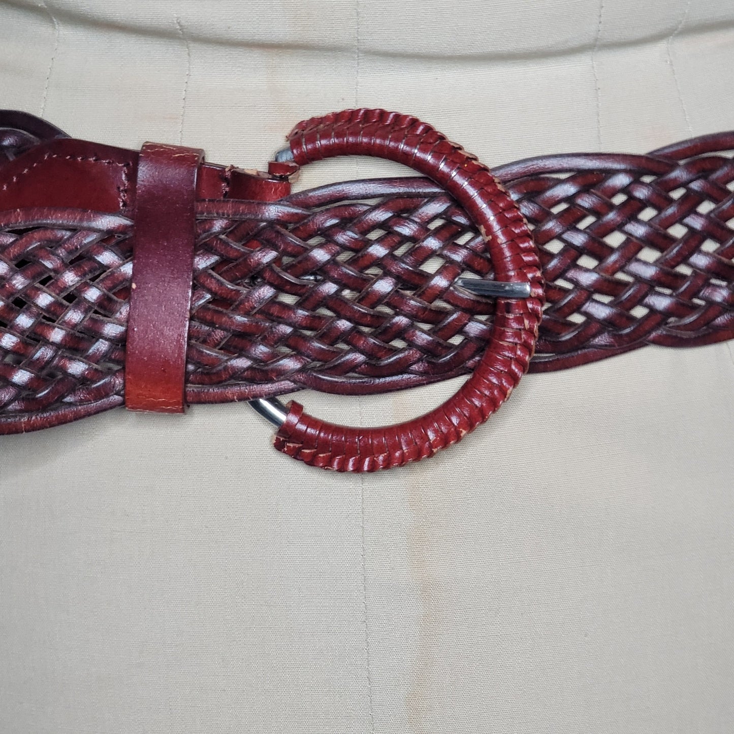 Vintage faux vegan braided leather wide belt Medium adjustable brass buckle