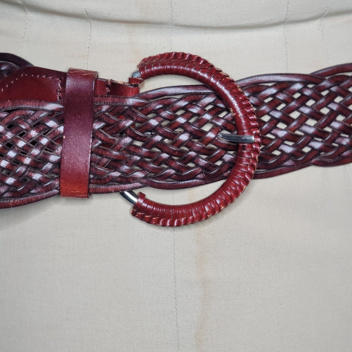 Vintage faux vegan braided leather wide belt Medium adjustable brass buckle