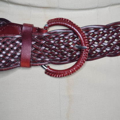 Vintage faux vegan braided leather wide belt Medium adjustable brass buckle