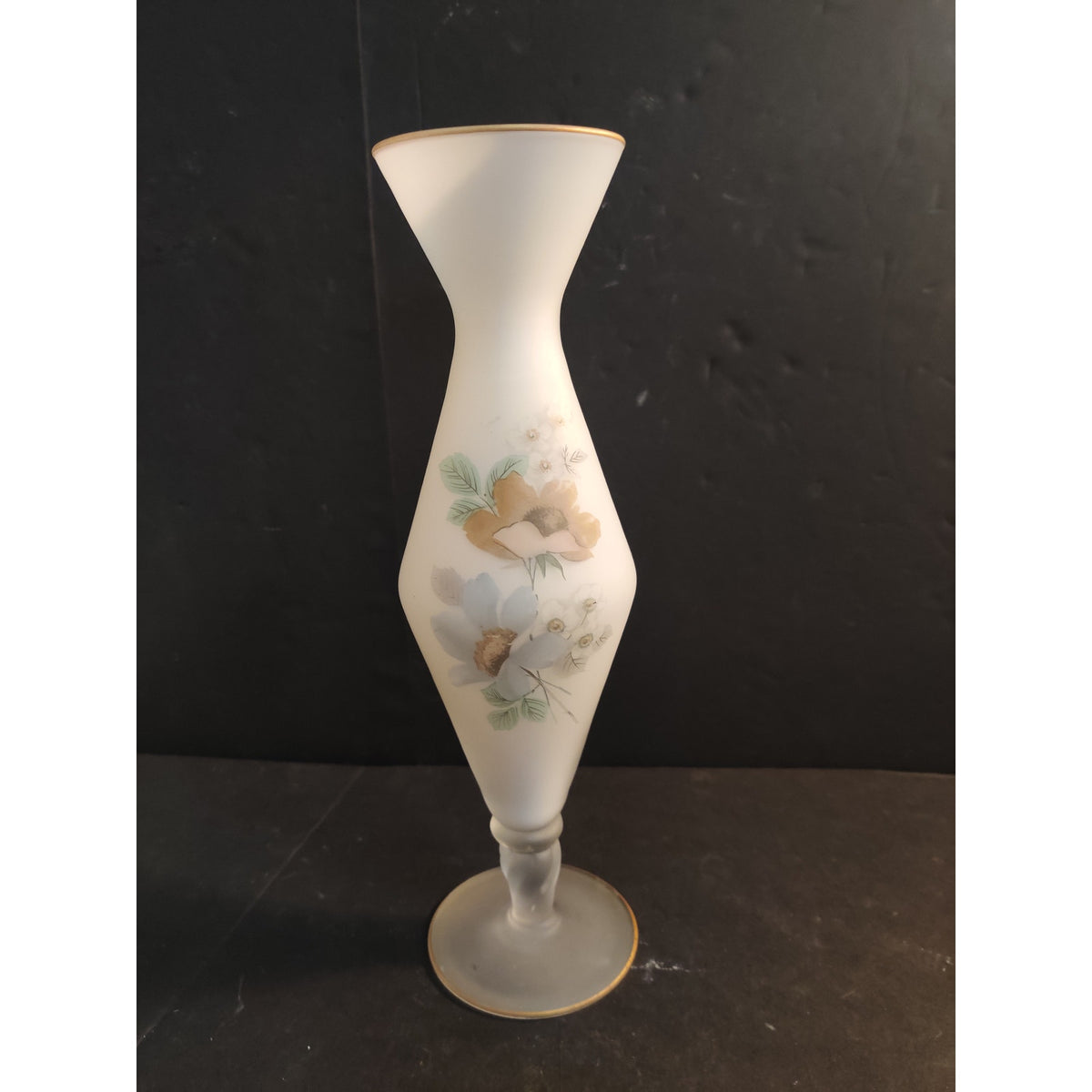 Vintage Frosted Satin Glass Hand Painted Floral Bud Vase Gold Trim