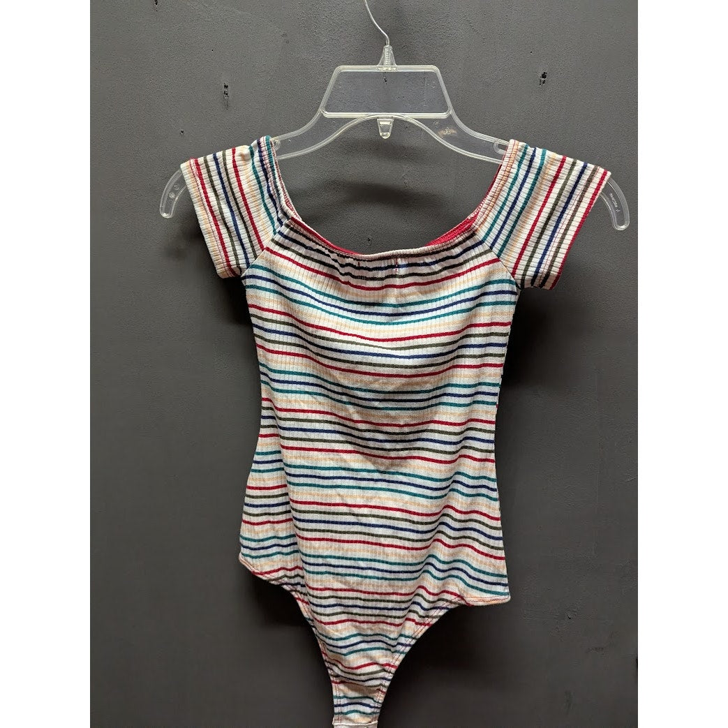 Lovefire Women's Multicolor Striped Ruched Short Sleeve NEW Bodysuit XS Thong