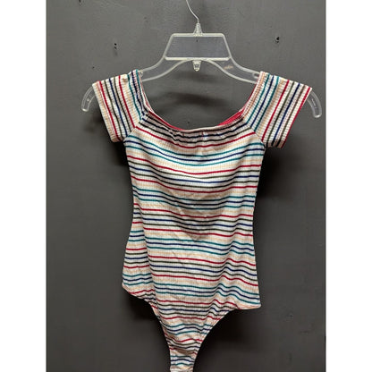 Lovefire Women's Multicolor Striped Ruched Short Sleeve NEW Bodysuit XS Thong