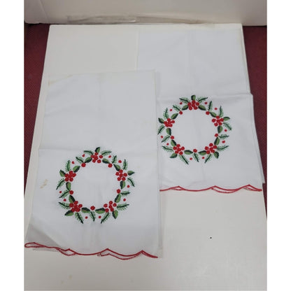 Pair of Two Vintage Linen Hand Embroidered Christmas Tea Towel Holly Green Red