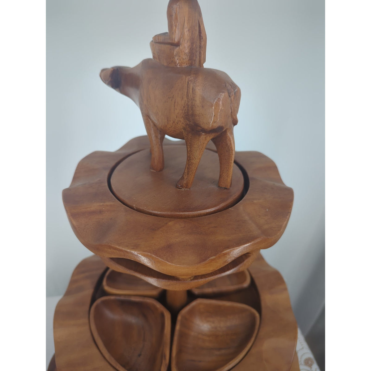 Vintage MCM Hand-Carved Wooden 3-Tiered Serving Stand with Water Buffalo Topper