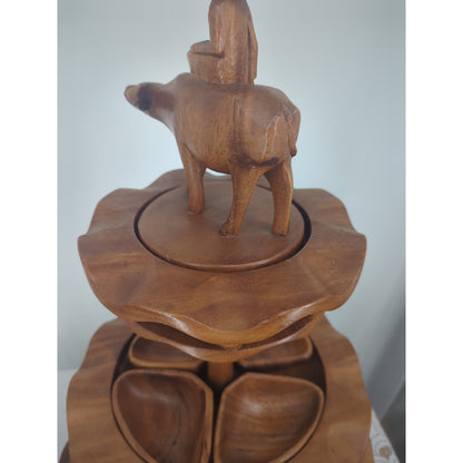 Vintage MCM Hand-Carved Wooden 3-Tiered Serving Stand with Water Buffalo Topper