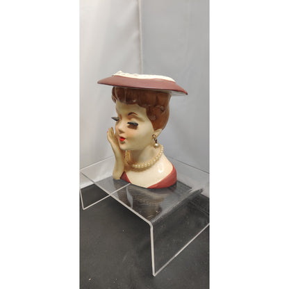 Retro Burgundy Lady Headvase Planter MCM Kitsch Glamour Ceramic Vase Home Decor