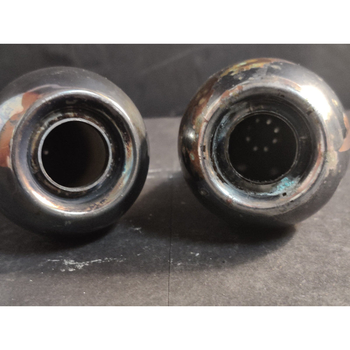Vintage Metal Salt And Pepper Shakers Pair Tarnished No Stoppers