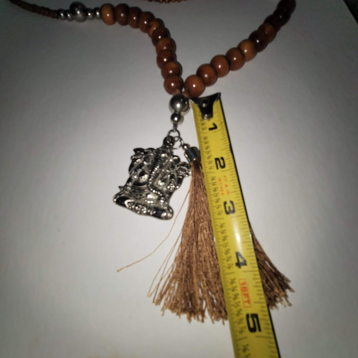 Wood Metal silver tone elephant Ganesh pendant Single Strand Necklace tassel
