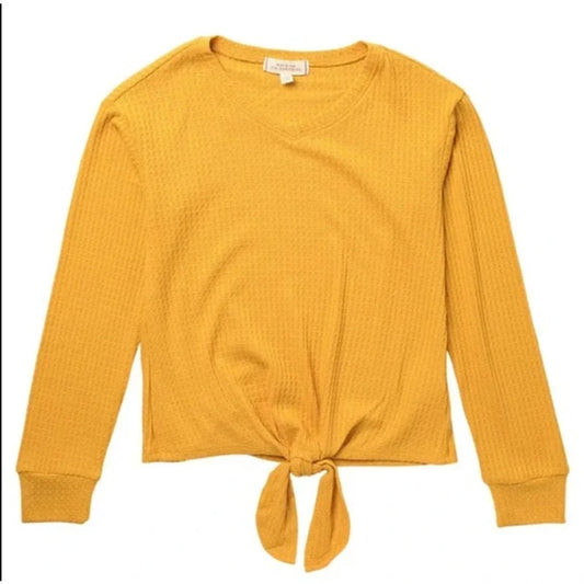 Walking Sunshine Size Large top shirt Mustard waffle knot long sleeve tie waist