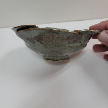 Handmade Art pottery free-form dish signed Nancy clay Red gray bowl flower 5"