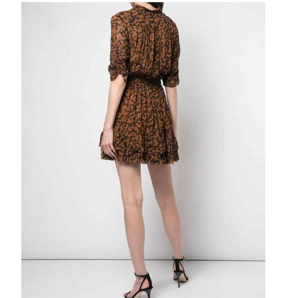 NICHOLAS Leopard Print Neck Tie MINI Flare Ruffle Dress SIZE 4 Blk/brown NEW