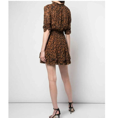 NICHOLAS Leopard Print Neck Tie MINI Flare Ruffle Dress SIZE 4 Blk/brown NEW