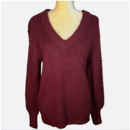 BP Fuzzy V Neck Sweater SMALL new winter oversized Knit burgundy vine wine