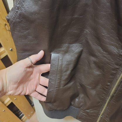 vintage bomber jacket Brown weekends LEATHER pockets lined ribbed cuffs LARGE