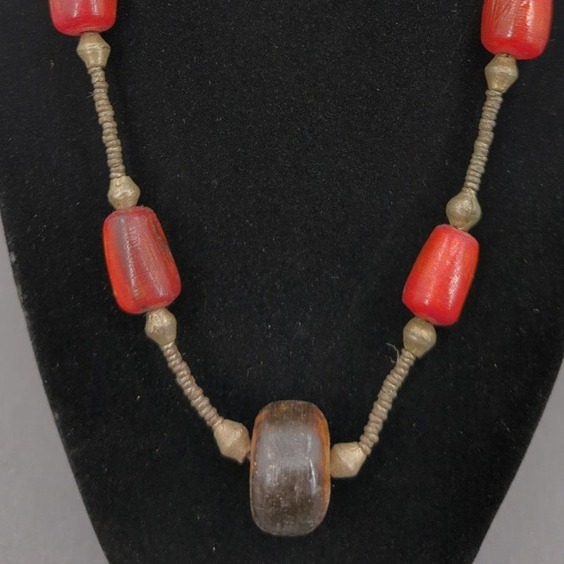 Vintage Boho Chunky Burnt Orange Resin & Carved Wood Bead Necklace statement