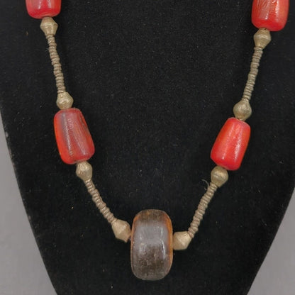 Vintage Boho Chunky Burnt Orange Resin & Carved Wood Bead Necklace statement