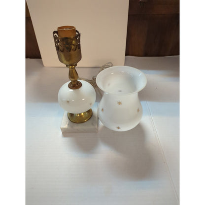 Vintage Mid-Century Milk Glass Hurricane Table Lamp Gold Starburst Marble Base
