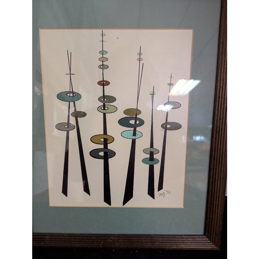 Mid-Century Modern Geometric Spiky Abstract Acrylic Painting Signed DMG