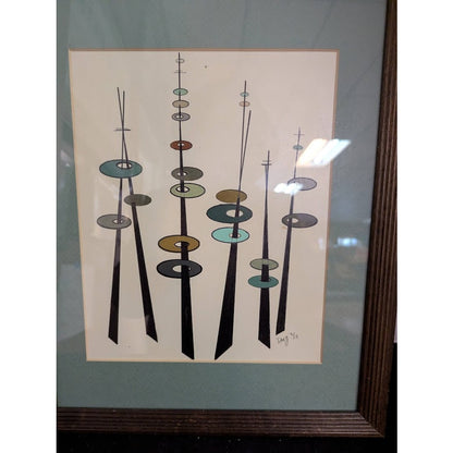 Mid-Century Modern Geometric Spiky Abstract Acrylic Painting Signed DMG
