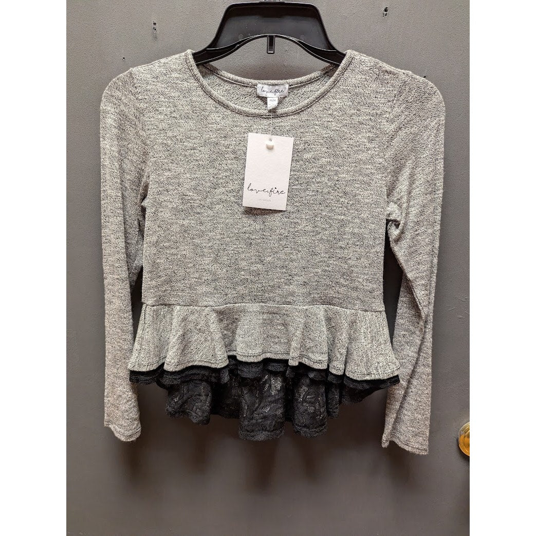 Love, Fire Girls' Heather Gray Lace-Trim Peplum Top NWT Size Medium