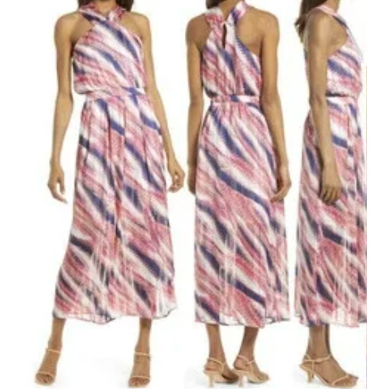 NWT Chelsea28 Halter Chiffon Maxi Dress in Pink-Purple Abstract Stripe Sz XS