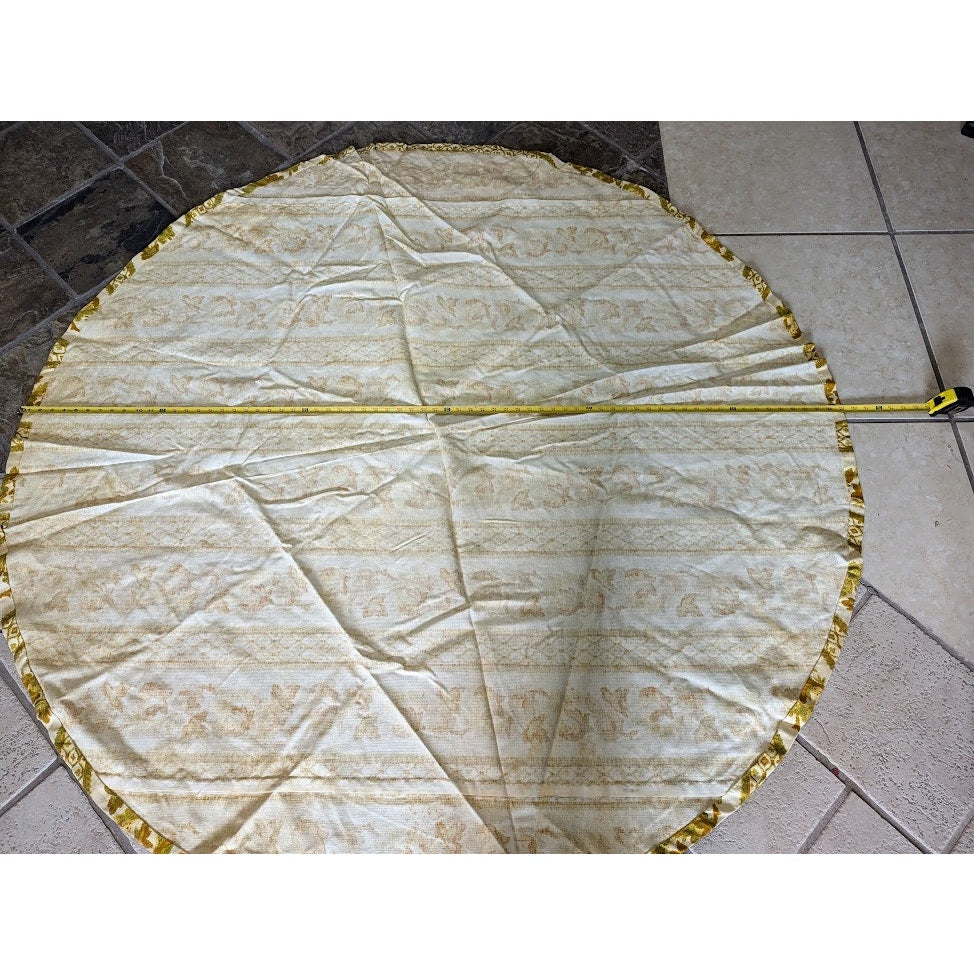Vintage 1960s round tablecloth 69" Heavy floral brocade gold tones with stripes