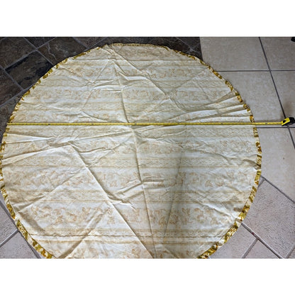 Vintage 1960s round tablecloth 69" Heavy floral brocade gold tones with stripes