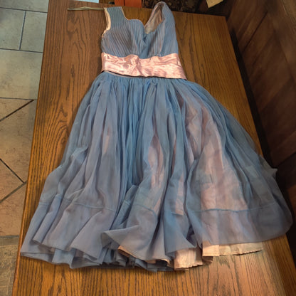 xs/small Vintage 1950s Regency Chiffon Party Dress Two Tone Blue Pink Cumberbund