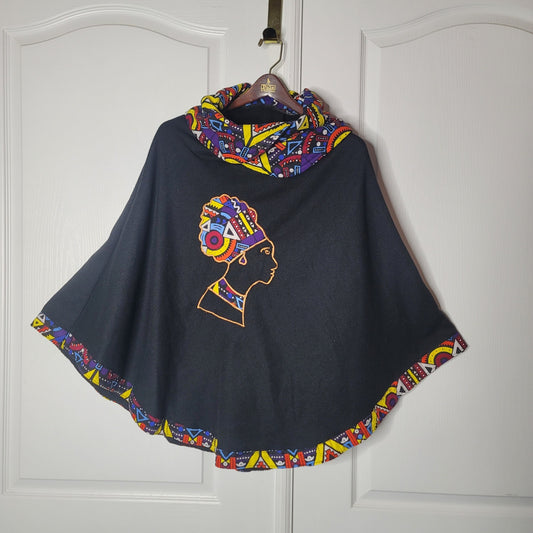 Afrocentric Cowl Neck Poncho Graphic Cape Ankara Trim Black Boho Cozy DrapeCore