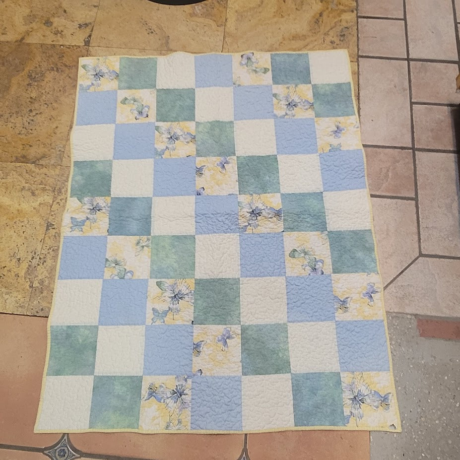 Vintage Handmade Pastel Patchwork Baby Quilt 46" x 35" Loving Hands Quilters