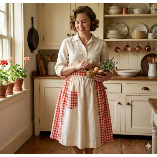 Vintage 1950s Handmade Red Gingham Half Apron with Pockets cottagecore tratwife