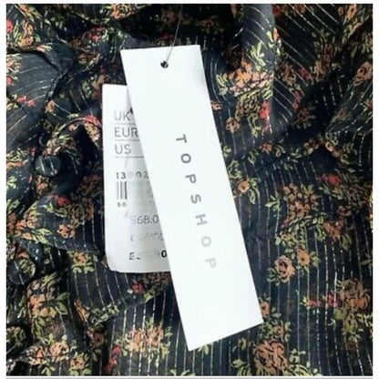 NEW Topshop Black Floral Stripe Button Front Blouse With Lurex & Ruffles Size 6