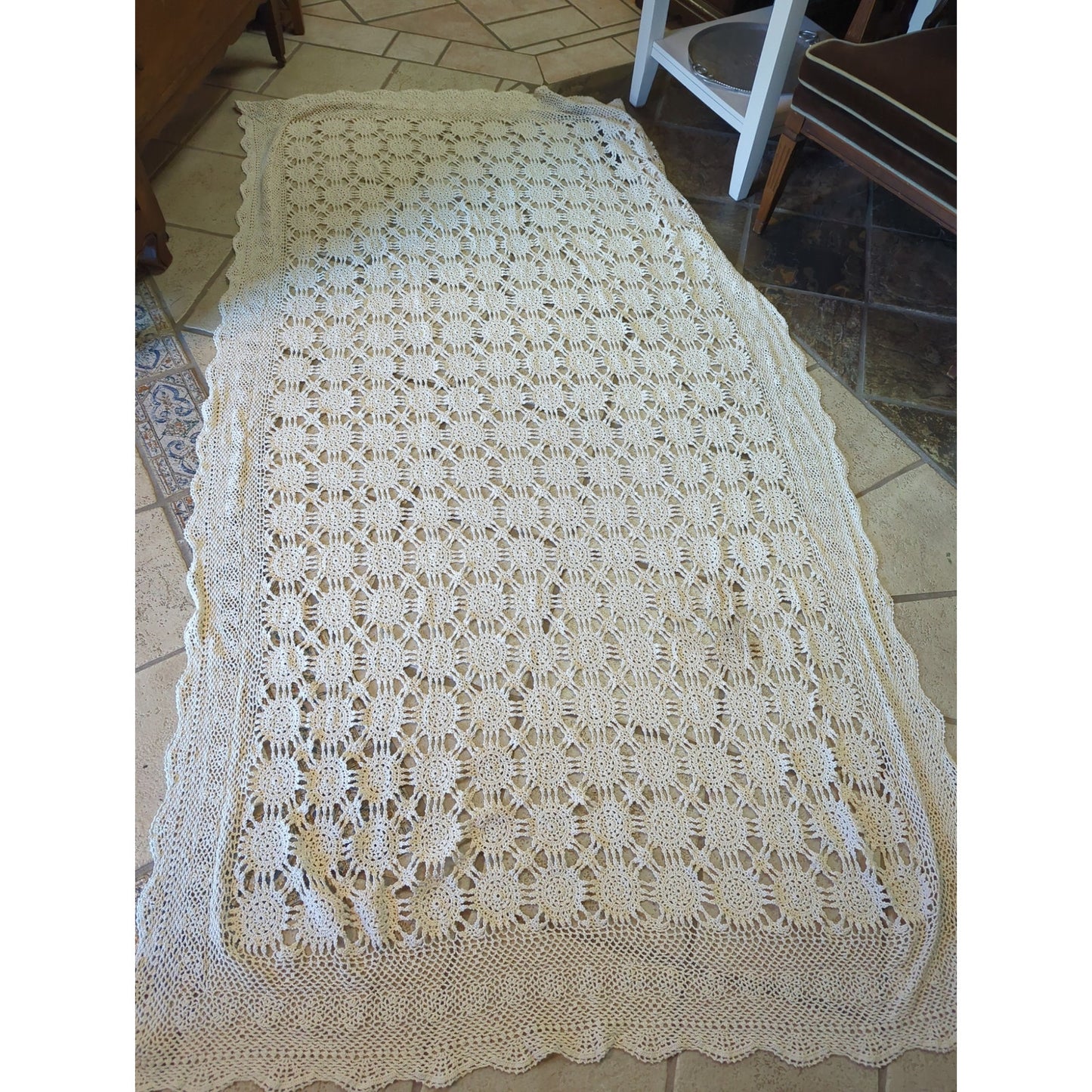 Vintage Handmade Cream Crochet Lace Tablecloth / Twin Bedspread - 51" x 96"