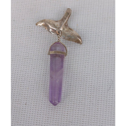 Handcrafted .925 Silver Tone Whale Fluke Pendant with Raw Amethyst Crystal Point