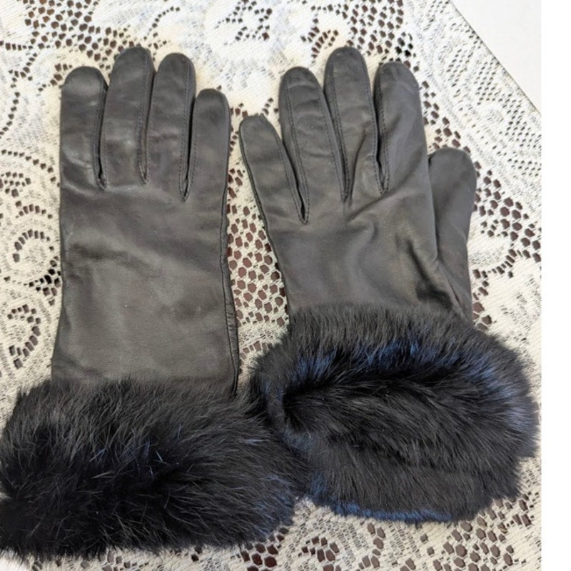 Vintage Black Leather Gloves Plush Fur Cuffs Glamour Evening Wear Elegant