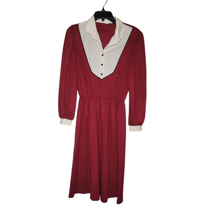 Vintage Size 13-14 (Med/Large) Long Sleeve Garnet Cream Elastic Waist Dress
