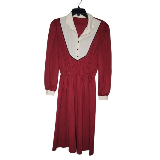Vintage Size 13-14 (Med/Large) Long Sleeve Garnet Cream Elastic Waist Dress
